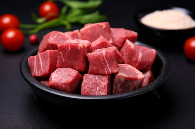 黑色桌布上新鲜的手切牛肉块摄影图,高清,摄影图,摄影图片,图片大全,摄影图免费下载